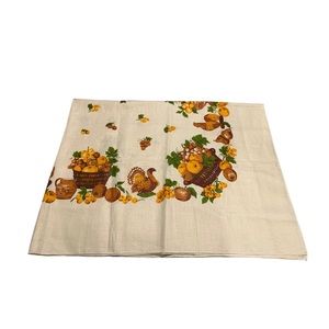 Vintage Tablecloth 1970’s Harvest Gold Autumn Turkeys and Various Fruits